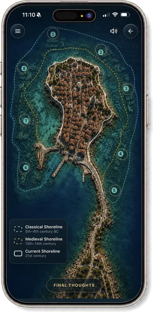 The Lost Shores module, showing the classical and medieval shorelines drawn over the modern peninsula
