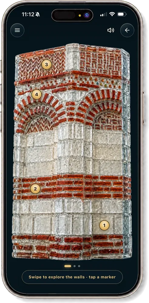 The Read The Walls module, with numbered markers placed on a church façade of banded stone and brick